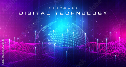 Abstract digital technology futuristic circuit blue pink background, Cyber science tech, Innovation communication future, Ai big data, internet network connection, Cloud hi-tech illustration vector 3d