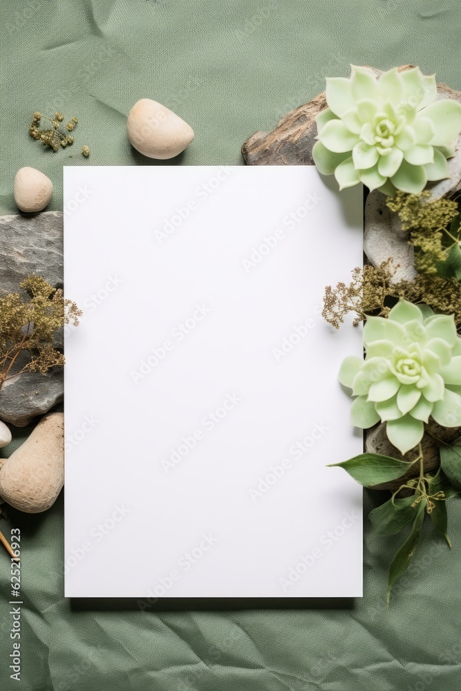 Organic Paper Mockup: Light Green Background with Succulents and Stones, Featuring Simple and Natural Elements for Versatile Projects