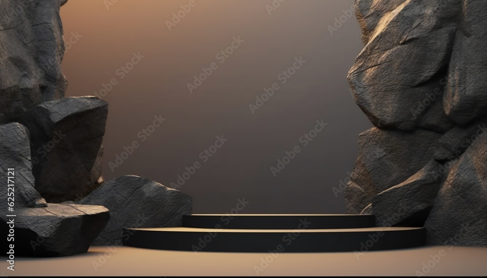 3D black geometric stone and rock shape background for product presentation