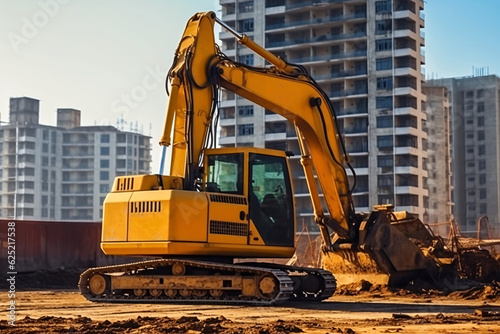 Excavator working on a construction site. Heavy duty construction equipment at work.Generative AI technology.