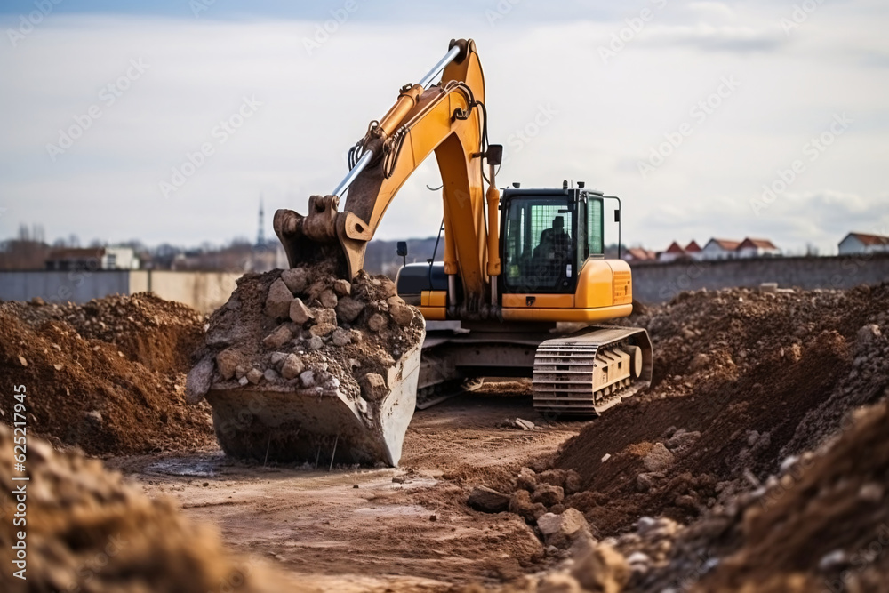 Excavator working on a construction site. Heavy duty construction equipment at work.Generative AI technology. Excavator working on a construction site. Heavy duty construction equipment at work.Generative AI technology.