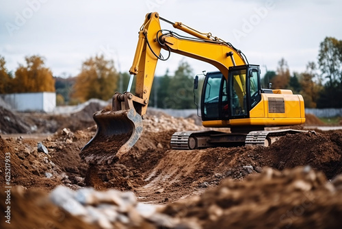 Excavator working on a construction site. Heavy duty construction equipment at work.Generative AI technology.