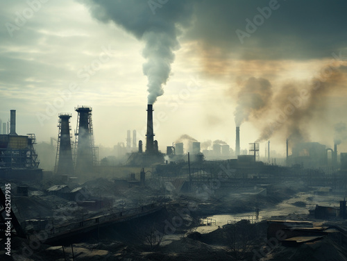 Dark smoking chimneys of factories in a dirty ruined city with poor ecology, Generative AI, generative artificial intelligence