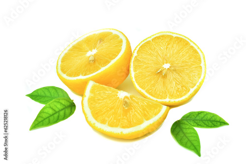Lemon slices, halved and sliced.  thin. There are fresh green leaves. Isolated. on a white background