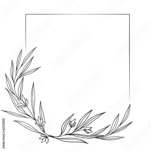 Square floral frame with decorative wild flowers. Hand drawn black and white vector illustration for wedding invitation and cards  logo design and posters template  tattoo.
