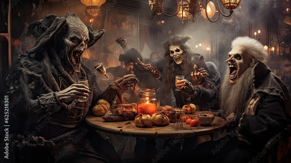 Group of costumed customers enjoying a frightful feast at Halloween themed restaurant, surrounded by macabre decorations