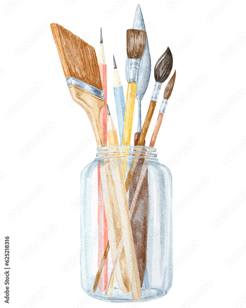 Brushes in a jar creative art illustration.