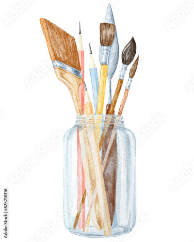 Brushes in a jar creative art illustration. © Ann Lou