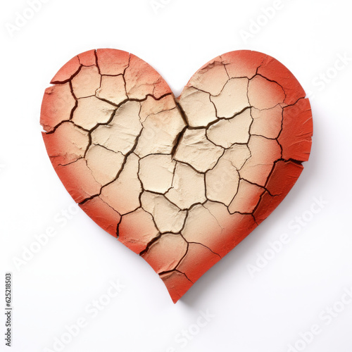 A broken red heart on a white surface. Generative AI. Broken heart.