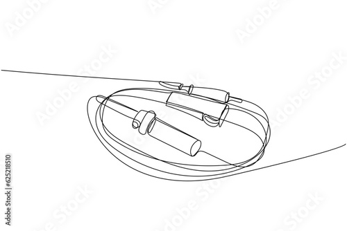 Catheterization kit, catheter, syringe, injection, Surgical Item, medical supplies, equipment one line art. Continuous line drawing of medication, clinical, disposable, tool, anesthesia, surgery