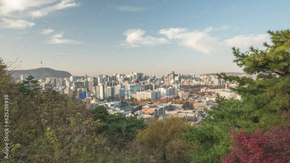 Seoul South Korea time lapse 4K, city skyline timelapse at Seoul city center view from Naksan Park in autumn Seoul South Korea time lapse 4K, city skyline timelapse at Seoul city center view from Naksan Park in autumn