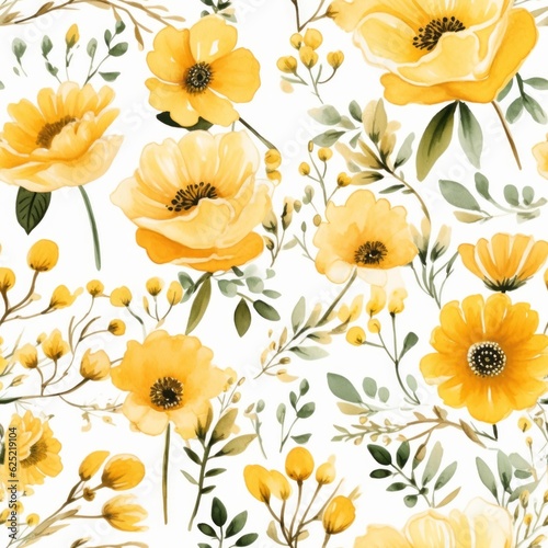 Delicate yellow watercolor flowers seamless pattern on white background, Generative AI © avrezn