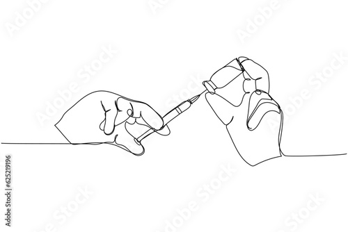 Vaccination, medicine ampoules with a syringe needle, vaccine, draw the vaccine into a syringe one line art. Continuous line drawing of treatment, medication, pharmaceutical, medical, therapy, allergy