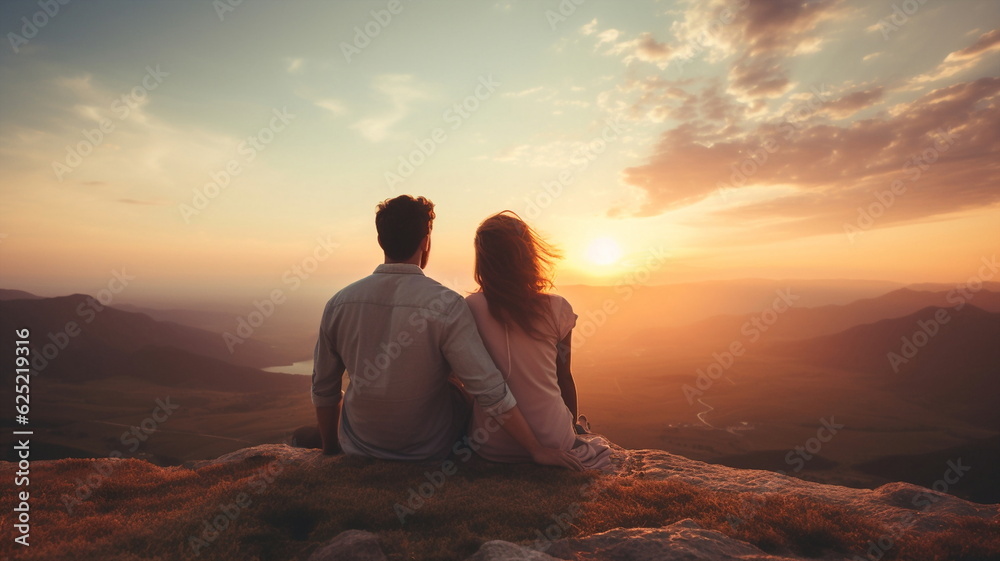 romantic couple,woman and man watching sunset or sunrise on beautiful summer sky ,romance background 