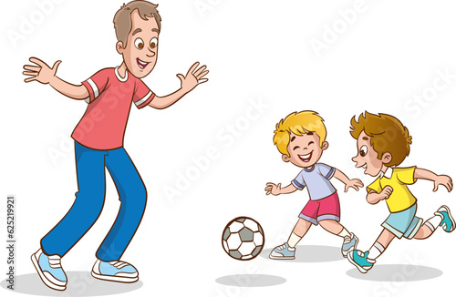 parents having fun with their kids.Daddy, father spending time with kids playing active games sports. Dad play football soccer with sons on 