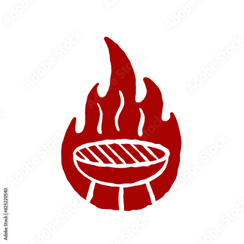 Barbecue logo. Grilled meat on fire. Red silhouette of brazier flame. Simple cartoon illustration isolated on white.
