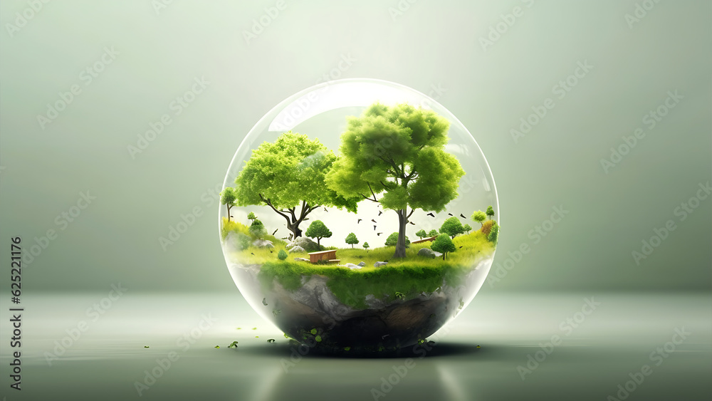 Hand Holding Nature in a Orb, Nature Ecosystem Digital Concept Render