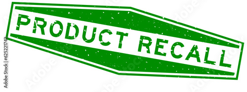 Grunge green product recall word hexagon rubber seal stamp on white background