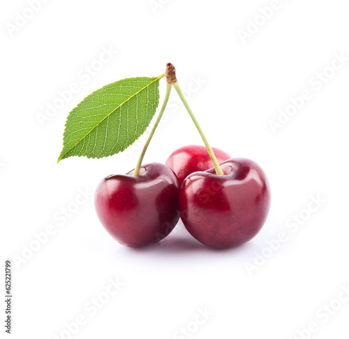 Sweet cherry berry with leaves on white backgrounds.