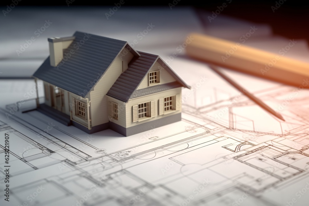 House model with blueprints on desk. Real estate development concept. Generative AI technology. House model with blueprints on desk. Real estate development concept. Generative AI technology.