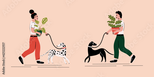 People cartoon characters walking with dogs and plants in pots set of illustrations. Woman, girl, female walking with dog and home plant vector design concept. Man, guy, male flat hand-drawn art photo