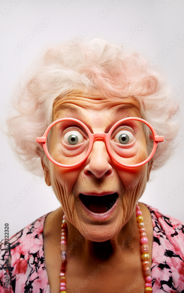 A funny old woman with big colorful eyeglasses has an expression of great astonishment - isolated on background