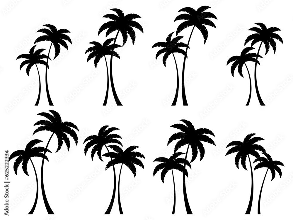 Black palm trees set isolated on white background. Silhouettes of palm trees with curved trunks. Design of palm trees for posters, banners and promotional items. Vector illustration