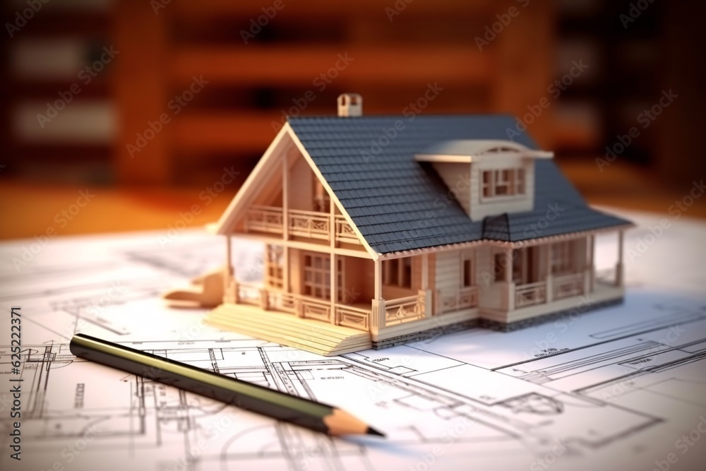 House model with blueprints on desk. Real estate development concept. Generative AI technology. House model with blueprints on desk. Real estate development concept. Generative AI technology.