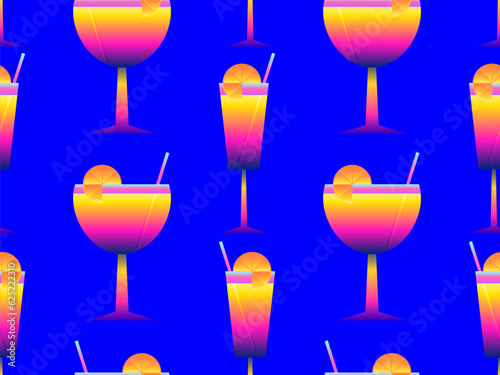 Seamless pattern with gradient cocktails with straws. Alcoholic cocktail with a straw and a slice of orange in the style of the 80s. Design of wallpaper and banner. Vector illustration