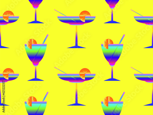 Seamless pattern with gradient cocktails with straws. Alcoholic cocktail with a straw and a slice of orange in the style of the 80s. Design of wallpaper and banner. Vector illustration