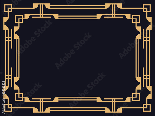 Art deco frame. Vintage linear border in gold color on a black background. Design a template for invitations, leaflets and greeting cards. The style of the 1920s - 1930s. Vector illustration