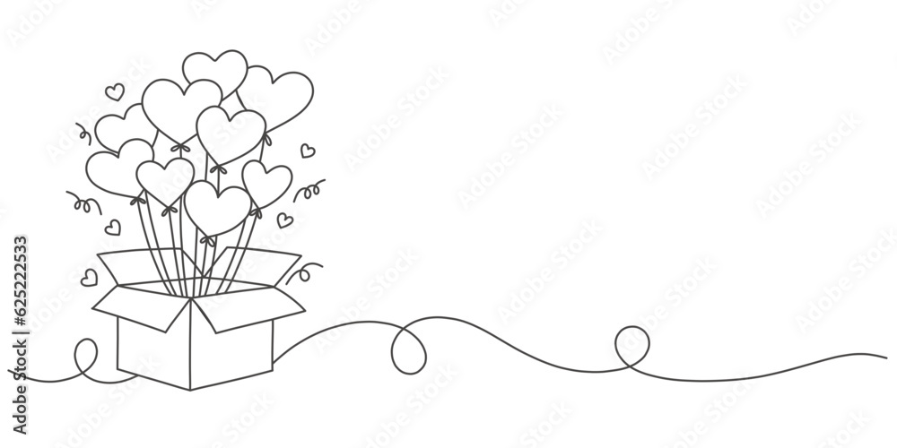 Gift box with heart balloons heart line art style vector illustration ...