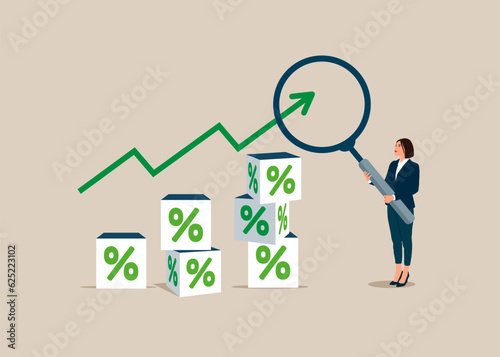Woman hold magnifying glass with pile of cube block with percentage symbol icon. Interest rate hike due to inflation percentage rising up. Flat vector illustration. 