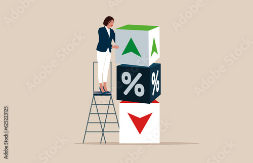 Woman connect cube block with percentage symbol icon. Interest, financial and mortgage rates. Vector illustration