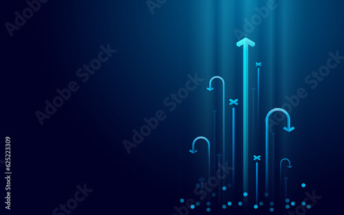 Special one arrow up and other arrows fall down. Concept of success on abstract technology blue background. Futuristic business and technology concept. Vector illustration in modern hologram style.