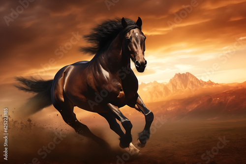 Wild Dark Brown Horse Galloping Out in the Plains at Sunset, Digital Render