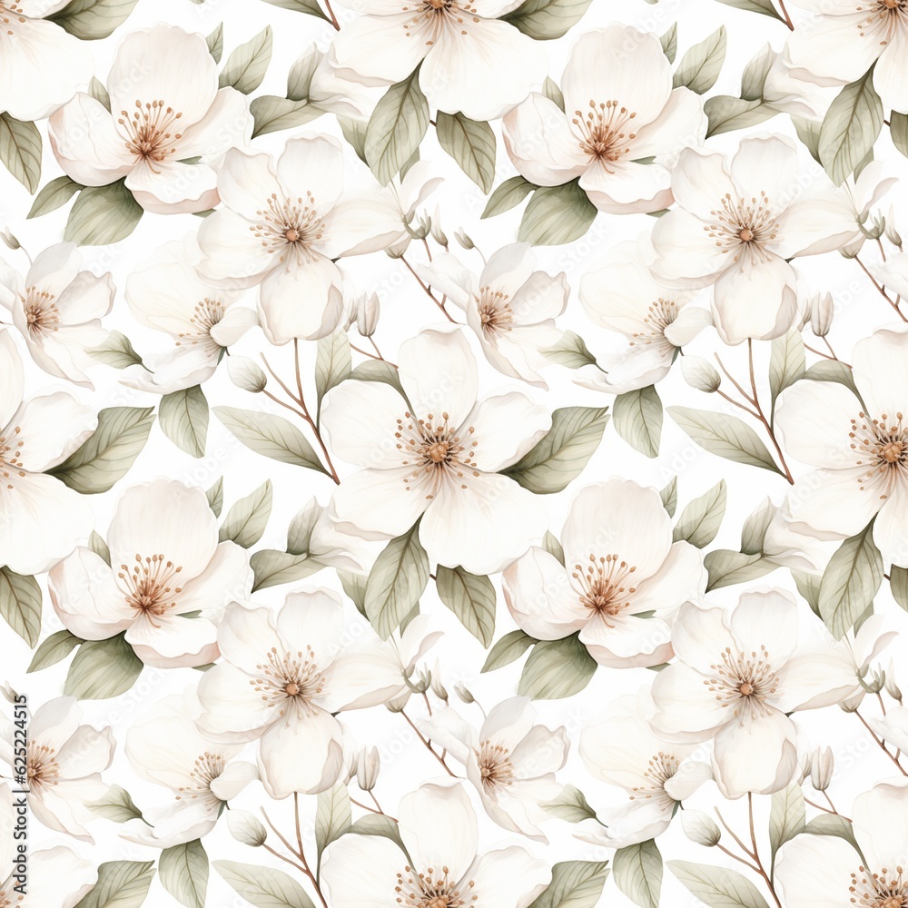 floral seamless pattern of watercolor white flowers and leaves. generated ai