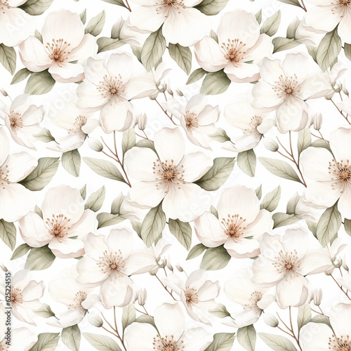 floral seamless pattern of watercolor white flowers and leaves. generated ai © Маргарита Вайс