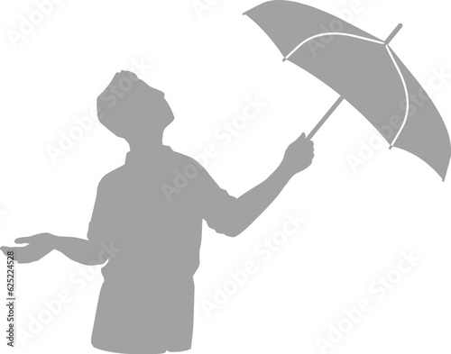 空を見上げて手を開いて天候を気にする開いた傘を持った男性のシルエットイラスト　グレー