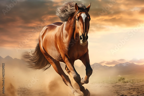 Wild Brown Horse Galloping Out in the Plains at Sunset, Digital Render