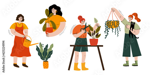 Woman cartoon style character take care of indoor plant in pot set of vector illustrations. Girl gardening, watering houseplant hand-drawn elements kit. Groovy collection of plants growing at home  