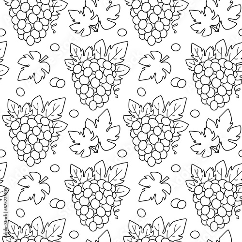 Seamless line pattern with bunches of grapes. Contour vector illustration with fruit. Black and white background with berries of grapes and leaves.