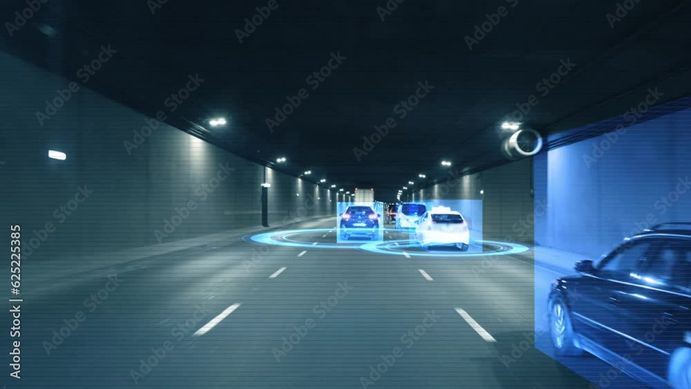 Inside view a moving autonomous self-driving car vith HUD elements driving through a tunnel, scanning the surrounding cars and road with a sensor. Concept of the smart transort of the future. 4k 