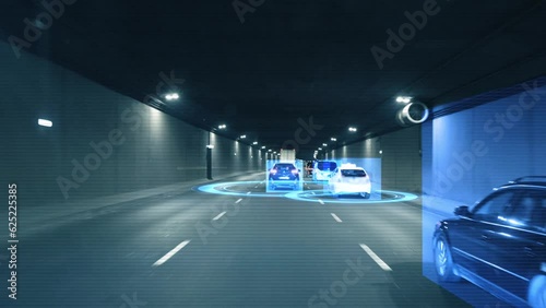Inside view a moving autonomous self-driving car vith HUD elements driving through a tunnel, scanning the surrounding cars and road with a sensor. Concept of the smart transort of the future. 4k 