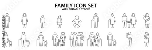 Family icons. People icons About family. Set line people icon related to family members. Vector illustration. Editable stroke.