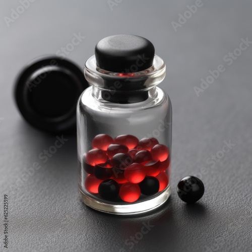 A transparent glass bottle filled with red pills