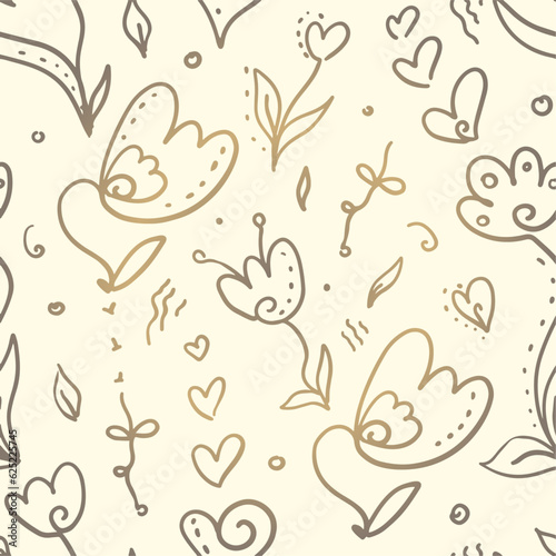 Vintage seamless pattern - golden fantasy hearts and flowers. Outlines. Doodles. Boho. Elegant romantic design.