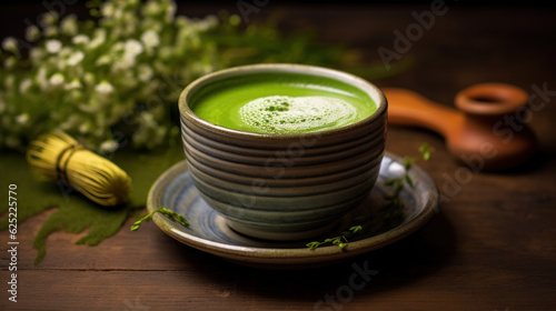 Matcha tea with kettle and whisk on dark surface