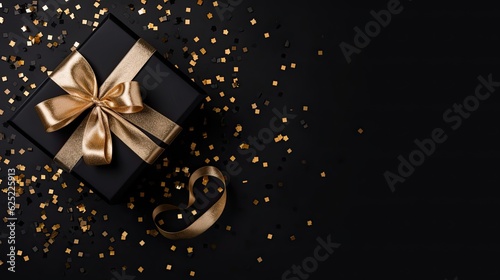 Top view giftbox with black ribbon and golden confetti isolated black background