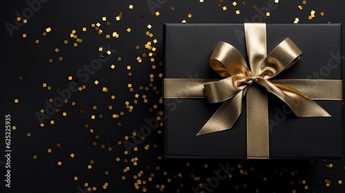Top view giftbox with black ribbon and golden confetti isolated black background © twilight mist